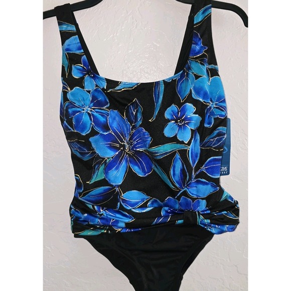 Great Lengths Swimsuit 10 One Piece Lined Shelf Bra Blue Black Gold Floral - Picture 1 of 7